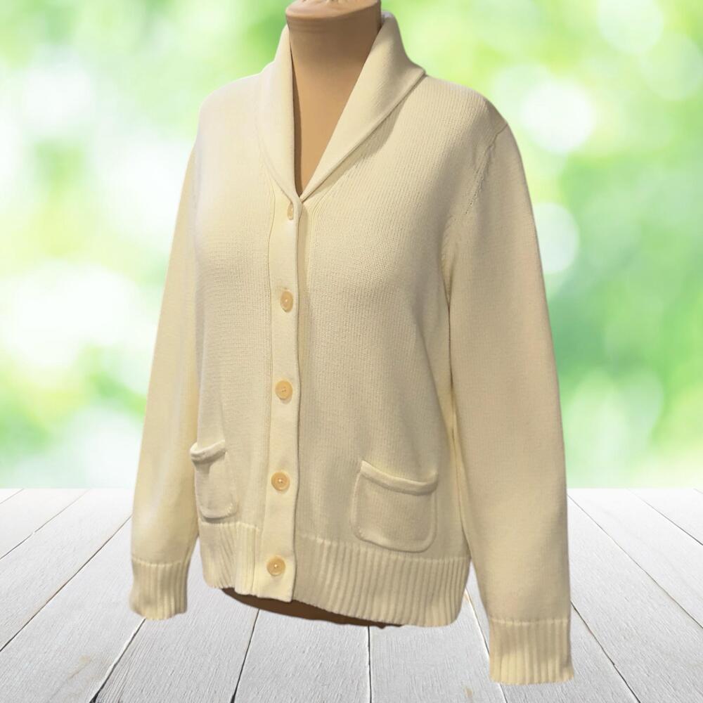 Vintage LANDS END Shawl Collar Cardigan Sweater 100% Cotton Pockets White Size L